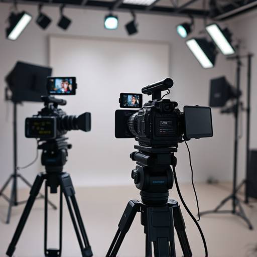 Professionelt videointerview studie setup med flere kameraer og lys.